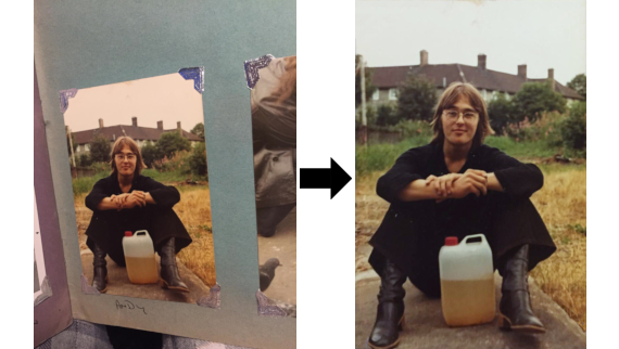 Before and after showing a phot of a page in a photo album, and the straightened version of the photo from the page